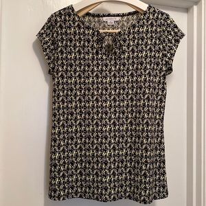 Summer shirt black, green white brown pattern, capped sleeves